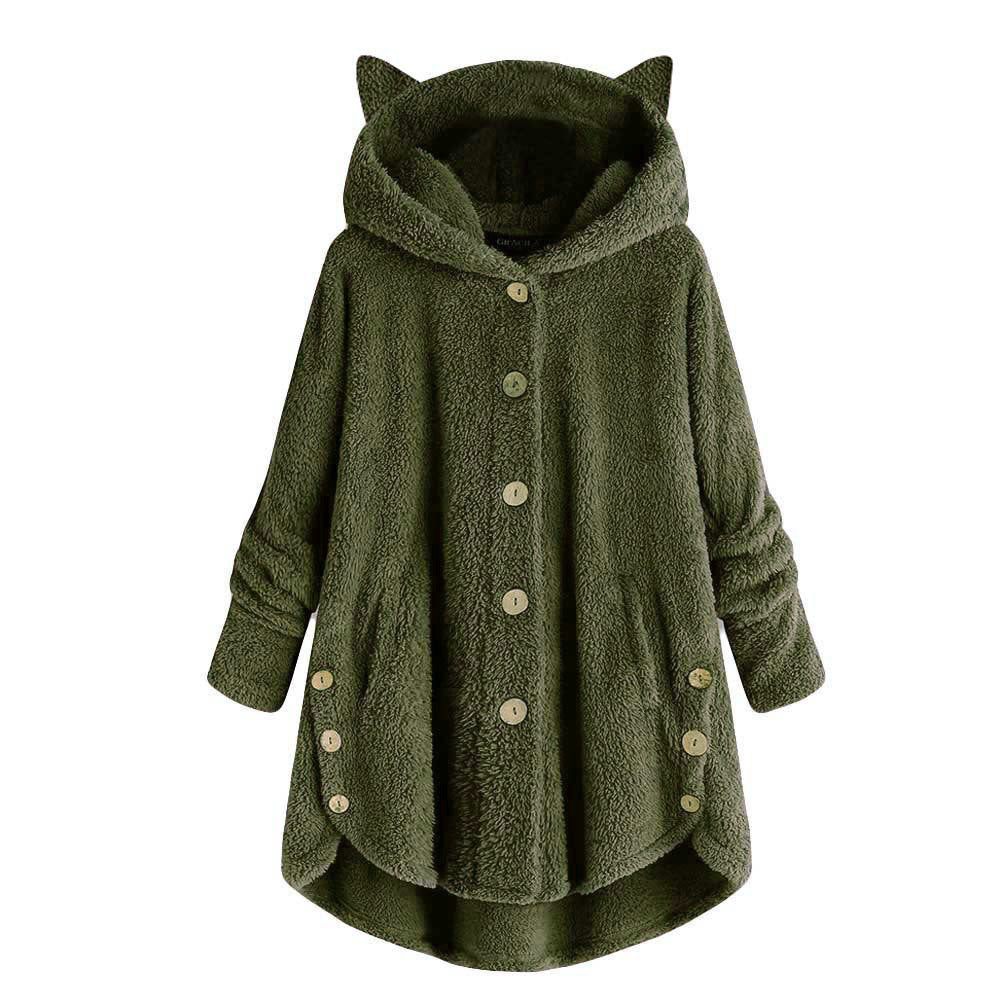 Women's Cat Ear Fleece Hooded Jacket Button Up