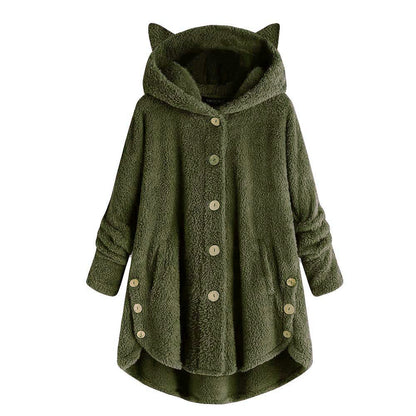 Women's Cat Ear Fleece Hooded Jacket Button Up