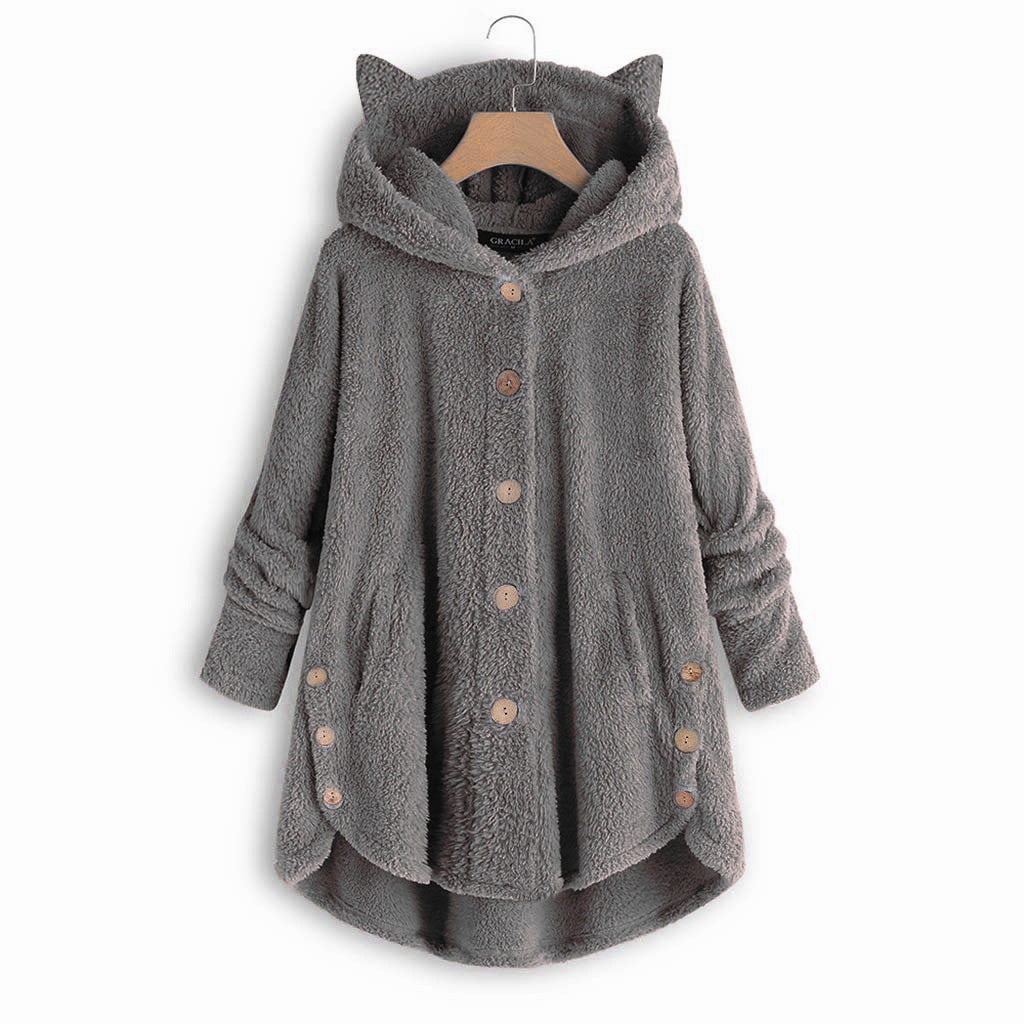 Women's Cat Ear Fleece Hooded Jacket Button Up