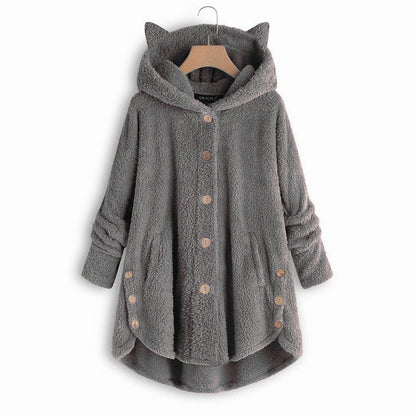 Women's Cat Ear Fleece Hooded Jacket Button Up