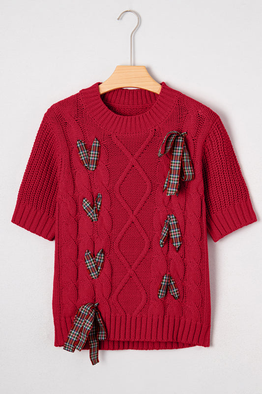 Red Plaid Bow Lace Up Cable Knit Short Sleeve Holiday Sweater