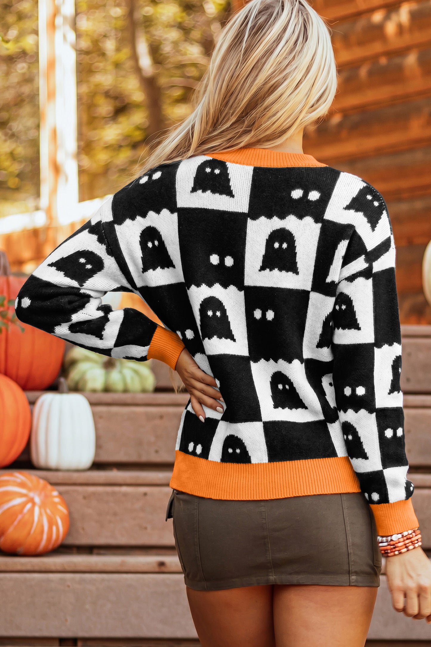 Halloween Ghost Print Checkerboard Knit Sweater
