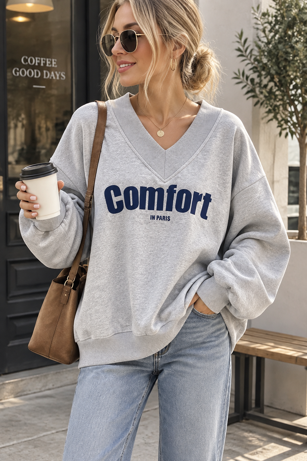 Womens Oversized V Neck Graphic Sweatshirt Bubble Sleeve