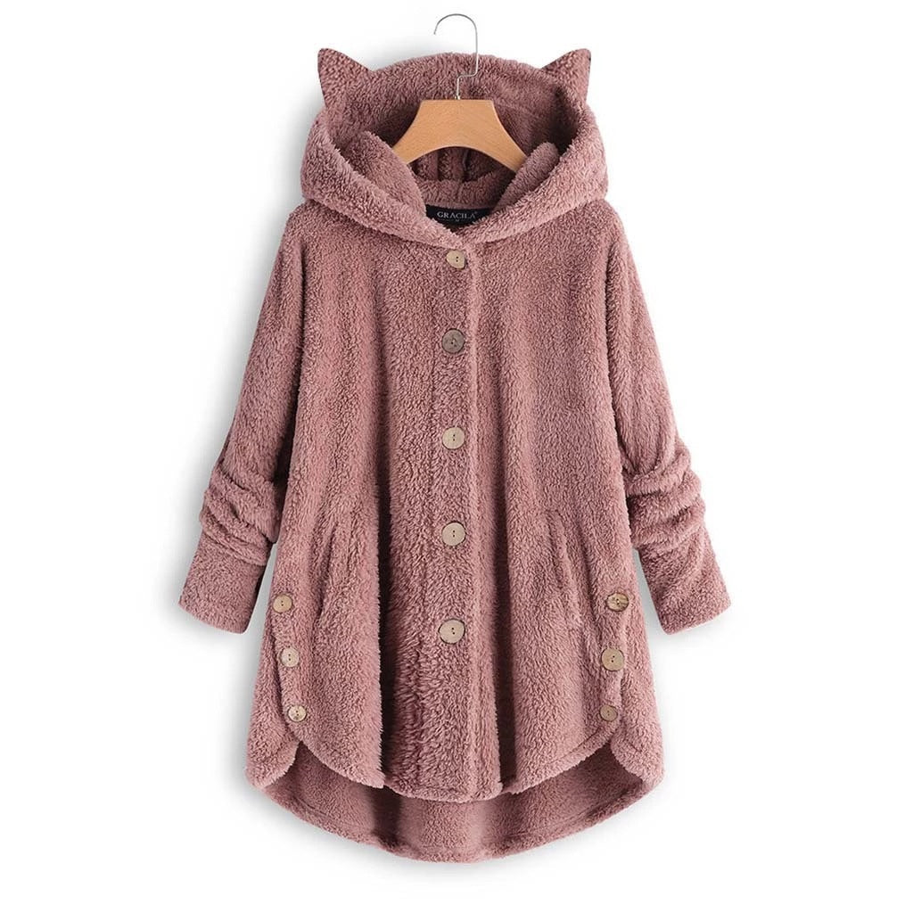 Women's Cat Ear Fleece Hooded Jacket Button Up