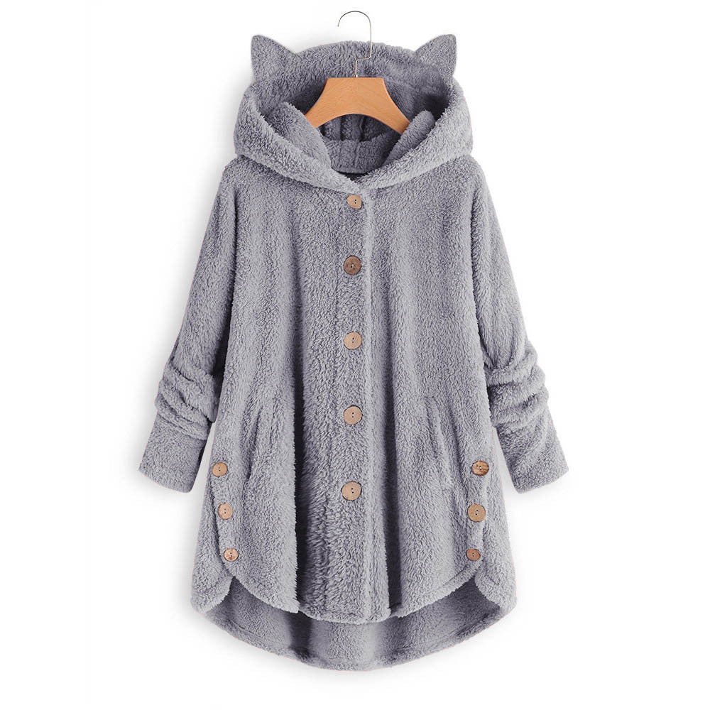 Women's Cat Ear Fleece Hooded Jacket Button Up