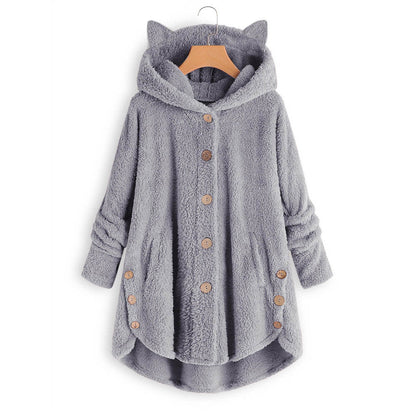Women's Cat Ear Fleece Hooded Jacket Button Up