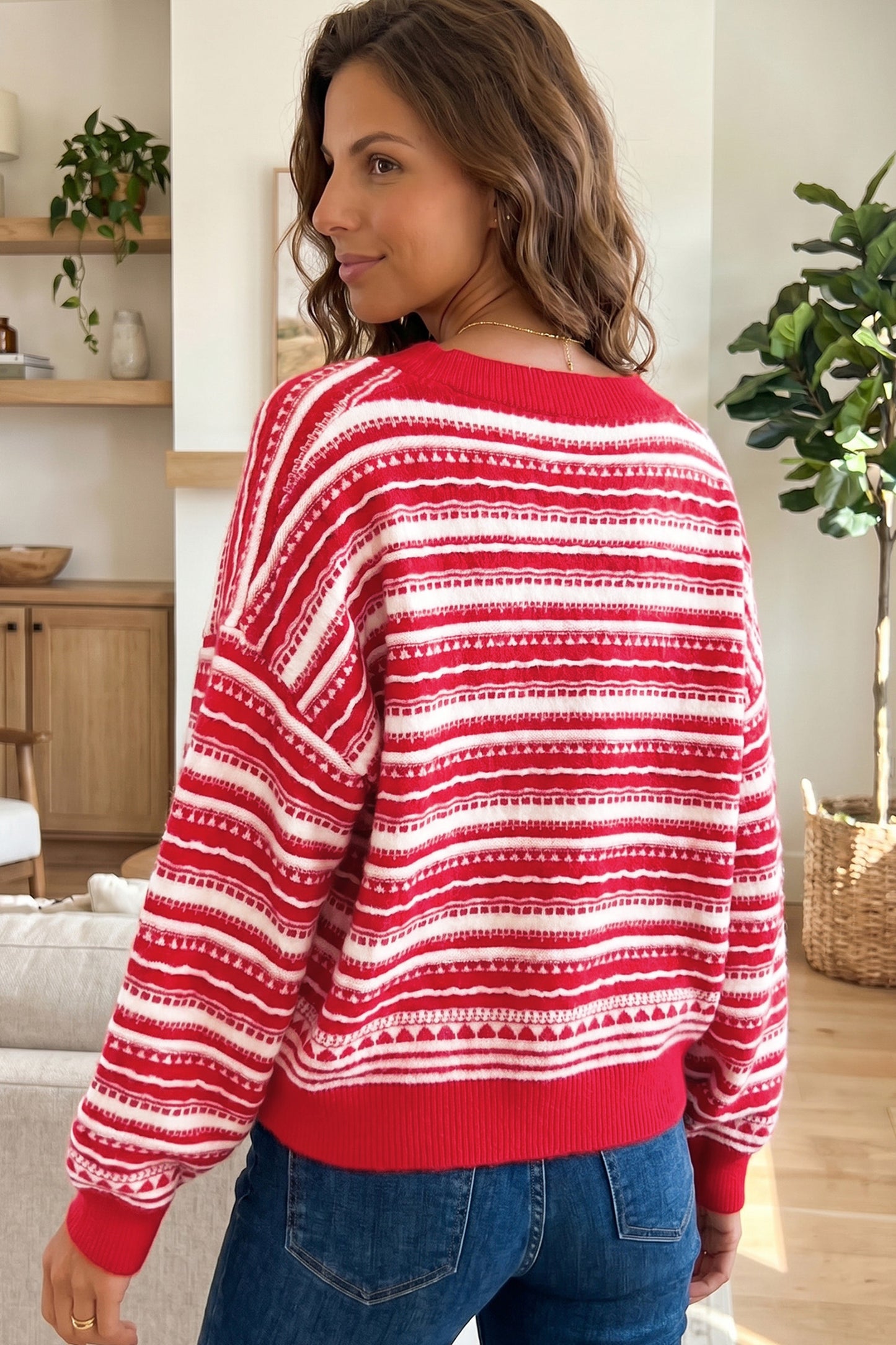 Red Geometric Stripe Button Front Knit Cardigan
