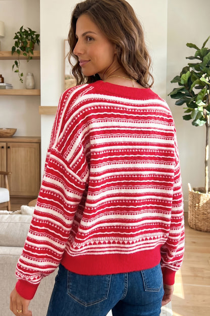 Red Geometric Stripe Button Front Knit Cardigan