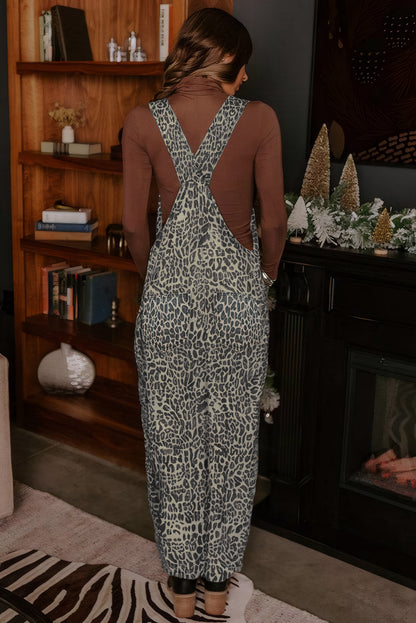Brown Leopard Print Straight Leg Loose Denim Overall Jumpsuit