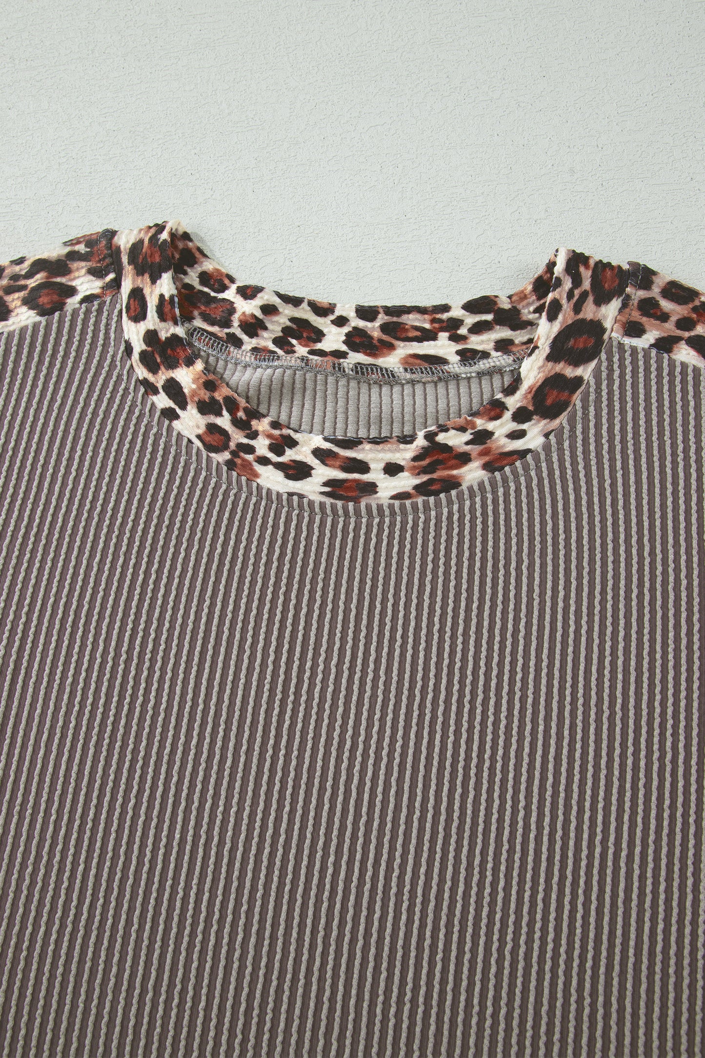 Leopard Trim Ribbed Short Sleeve Top and Shorts Set