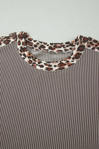 Leopard Trim Ribbed Short Sleeve Top and Shorts Set