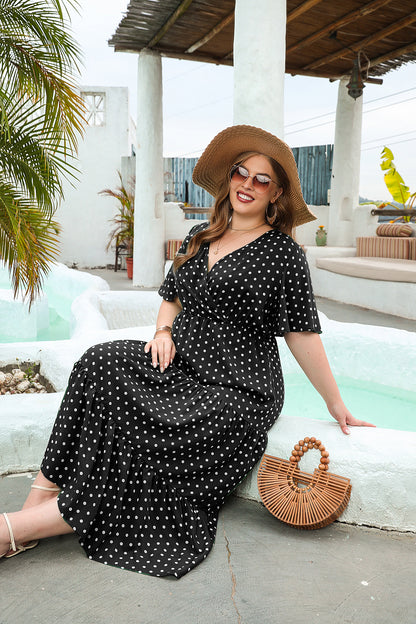 Women's Plus Size Polka Dot Dress Casual V Neck Short Sleeve Dress A-Line Pleated Hem Swing Dress