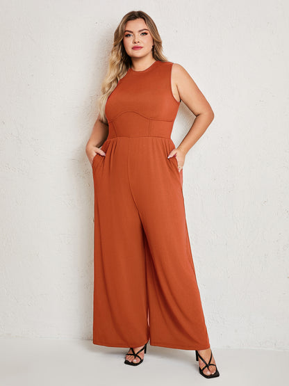 Womens Summer One Piece Sleeveless Wide Leg Pants Rompers With Pockets Plus Size