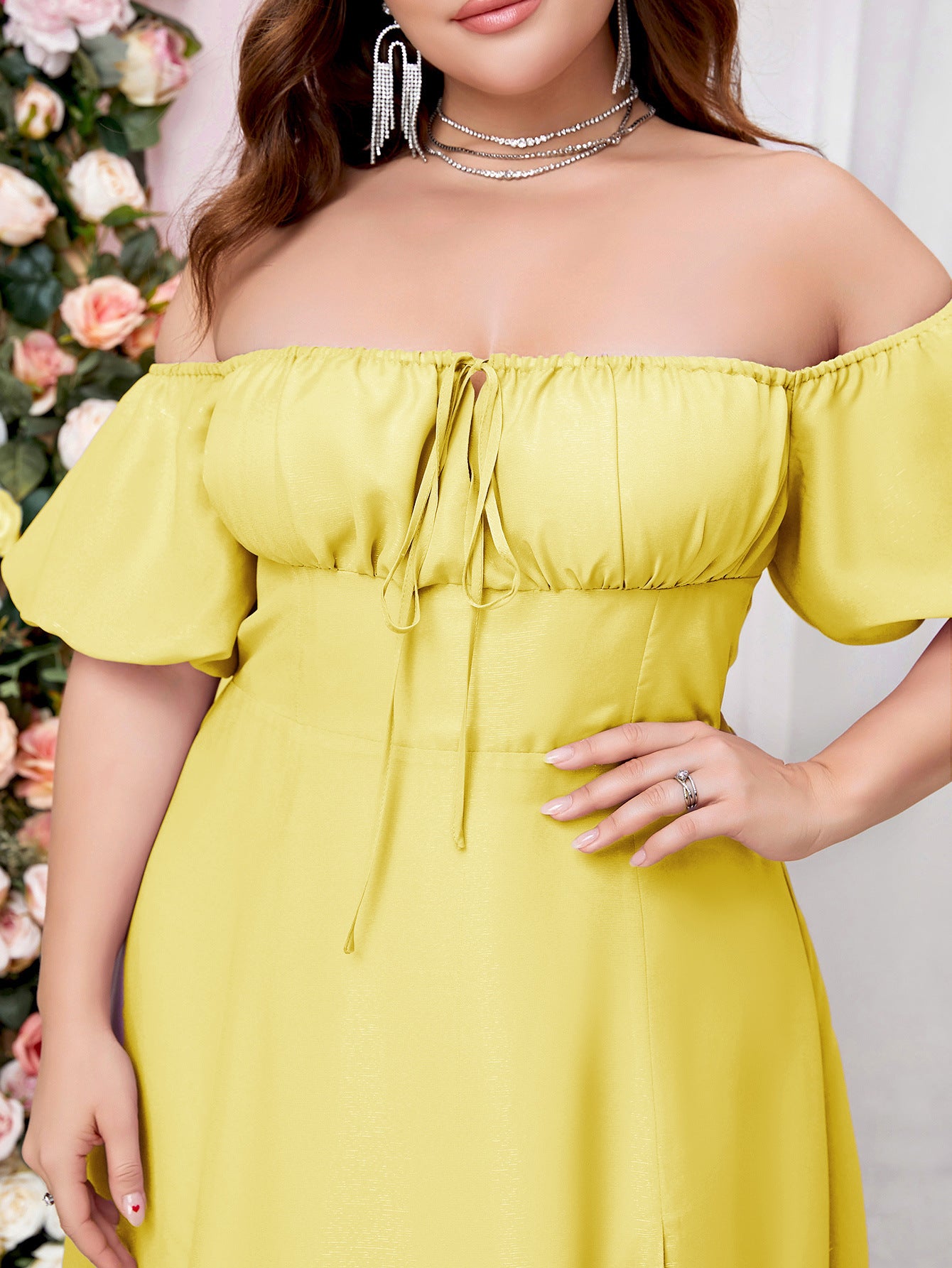 Woman Off Shoulder Half Sleeve High Waist Side Split Plus Size Dresses