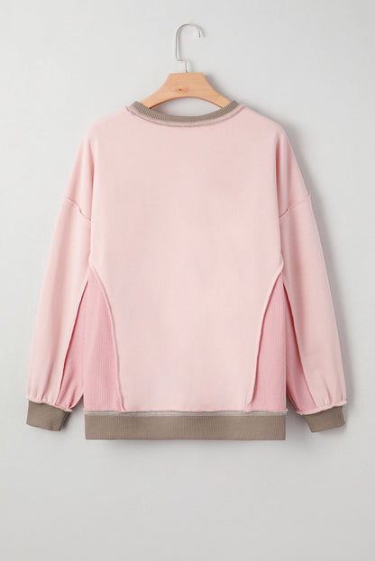 Light Pink Waffle Color Block Patchwork Sequin Christmas Light Bulb Loose Sweatshirt