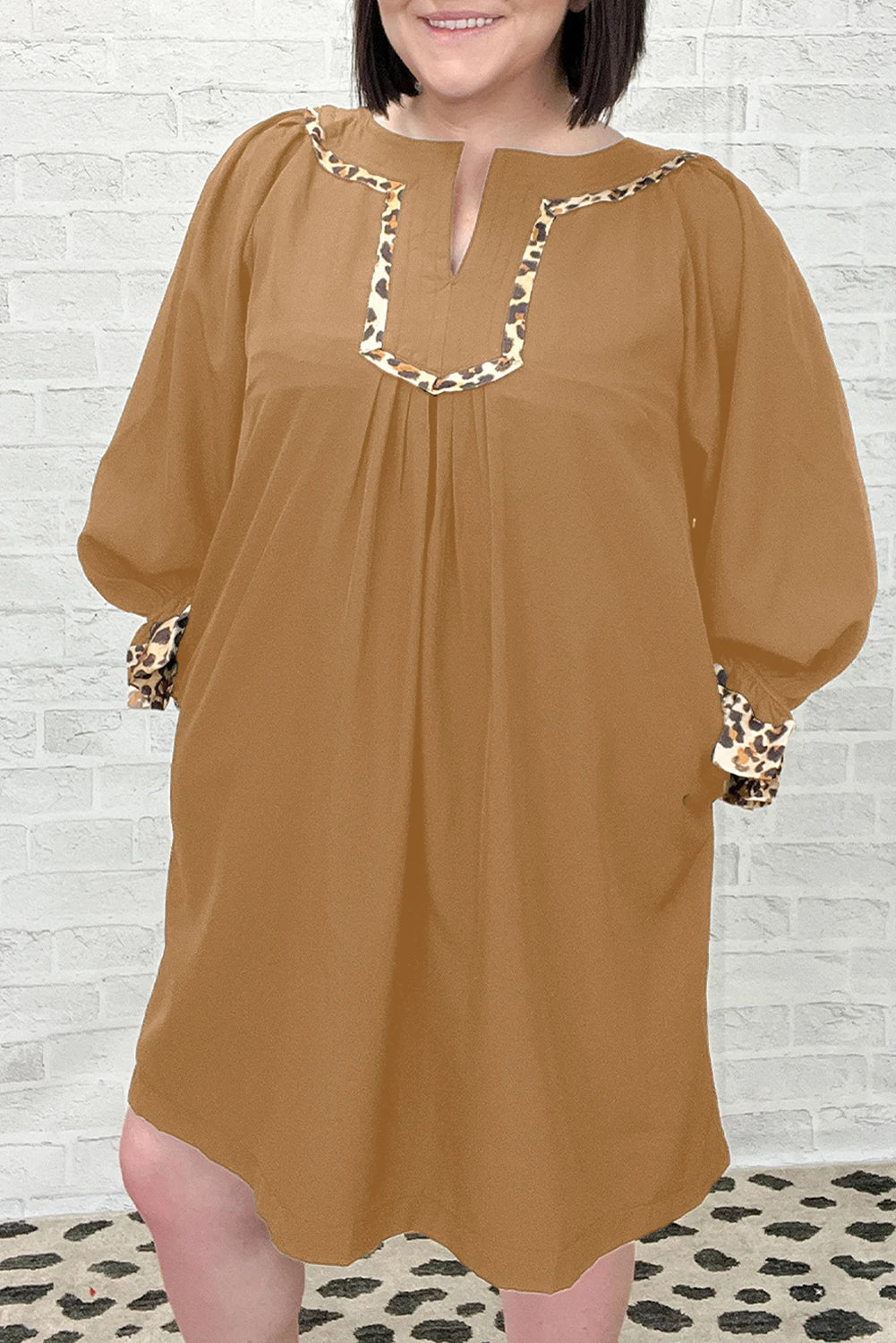 Evergreen Plus Size Notched Neck Leopard Trim Flounce Long Sleeve Shift Dress