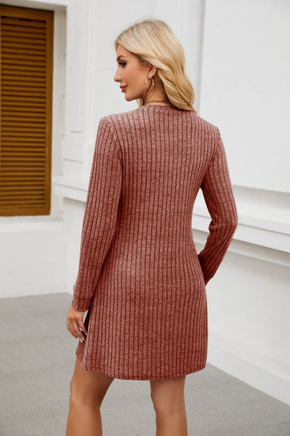 V Neck Ribbed Knit Dress - Brushed Long Sleeve Mini