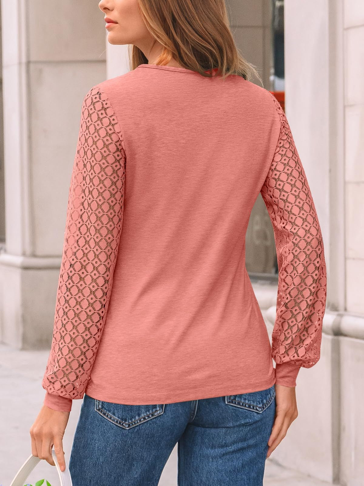 Lace Sleeve Patchwork Knit Pullover Top for Women