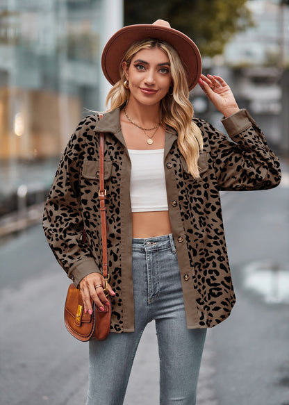 Leopard Print Corduroy Button Down Oversized Shirt Jacket