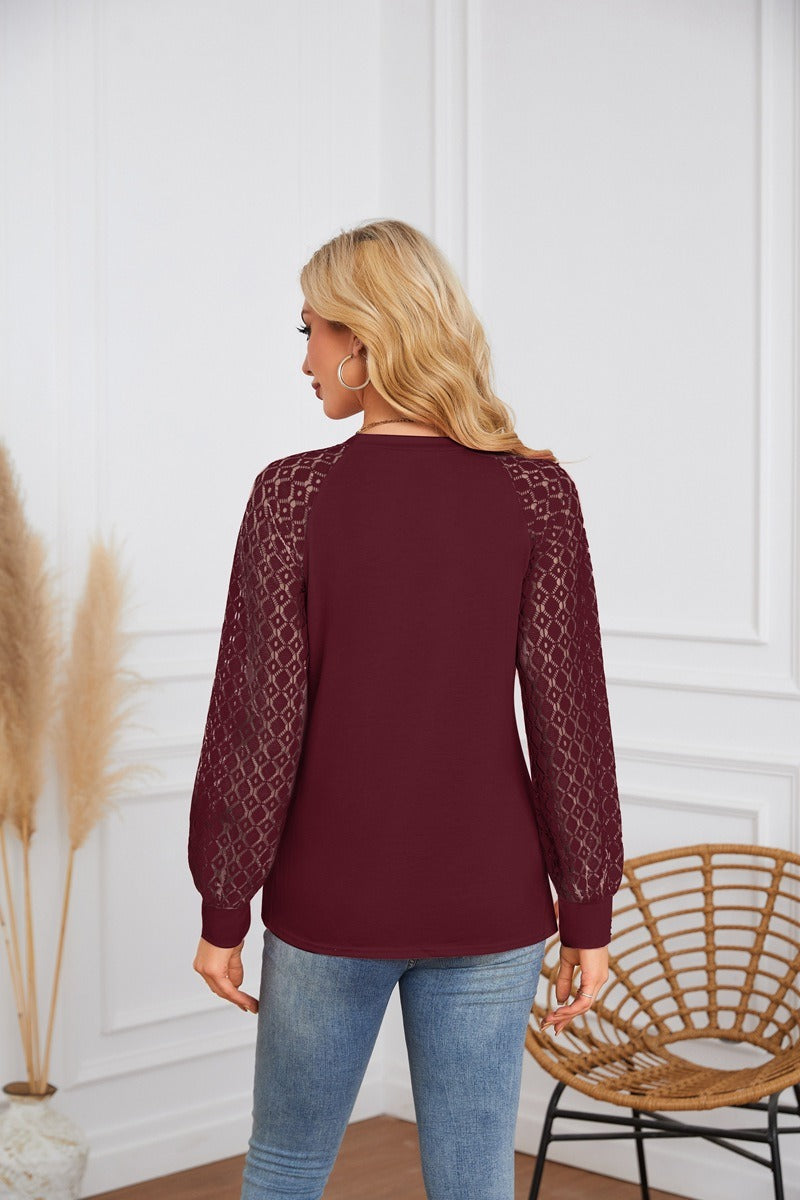 Lace Sleeve Pleated Blouse - Round Neck Long Sleeve Top