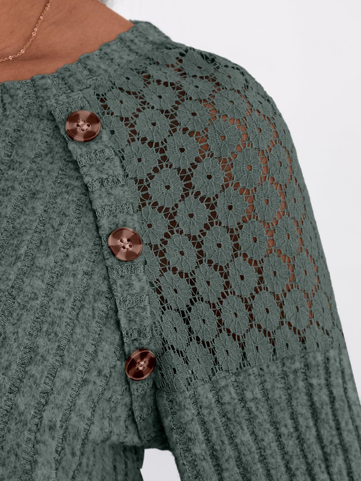 Solid Ribbed Knit Button Pullover with Lace & Buttons