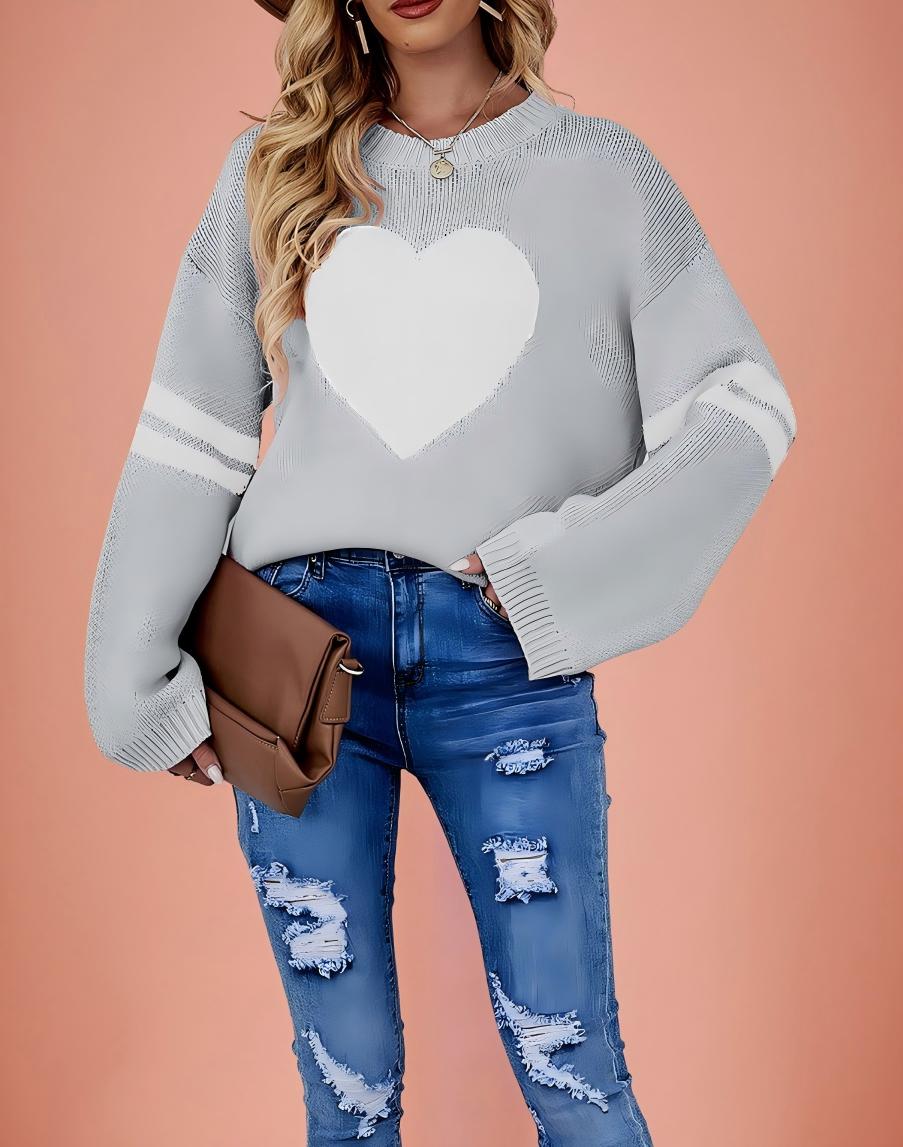 Pink Heart Contrast Knit Sweater Womens Valentine Pullover