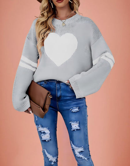 Pink Heart Contrast Knit Sweater Womens Valentine Pullover