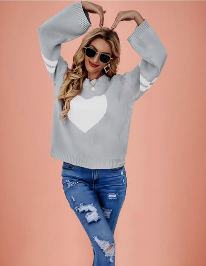 Pink Heart Contrast Knit Sweater Womens Valentine Pullover