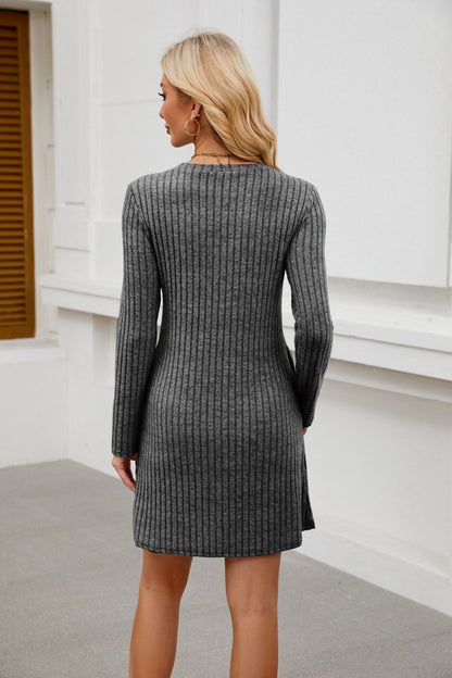 Ribbed Knit Button Dress - Long Sleeve A-Line Sweater