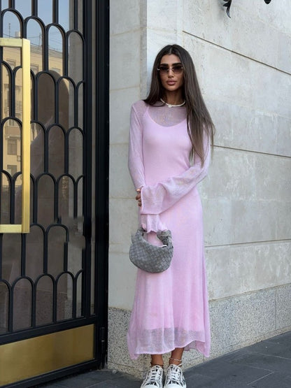 Sheer Knit Maxi Dress Set Long Sleeve Overlay with Slip