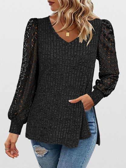 V-Neck Knit Top with Lace Puff Long Sleeves