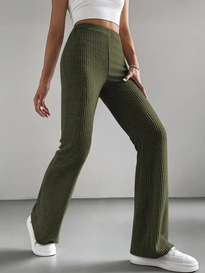 High Waist Ribbed Knit Flare Pants for Women