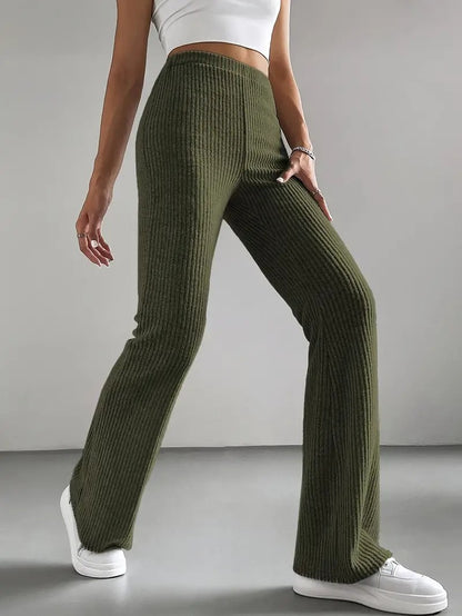 High Waist Ribbed Knit Flare Pants for Women