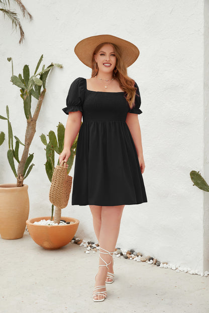 Women's Square Neck Flounce Short Sleeve Shirred Ruffle Hem Dress