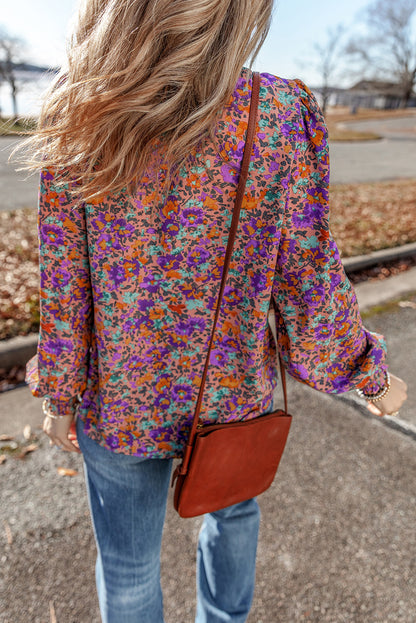 Purple Floral Allover Print Shirred Cuff Frilled O Neck Blouse