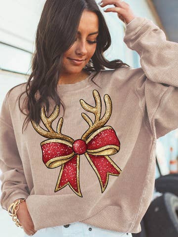 Christmas Antler Bow Graphic Corded Pullover Sweatshirt