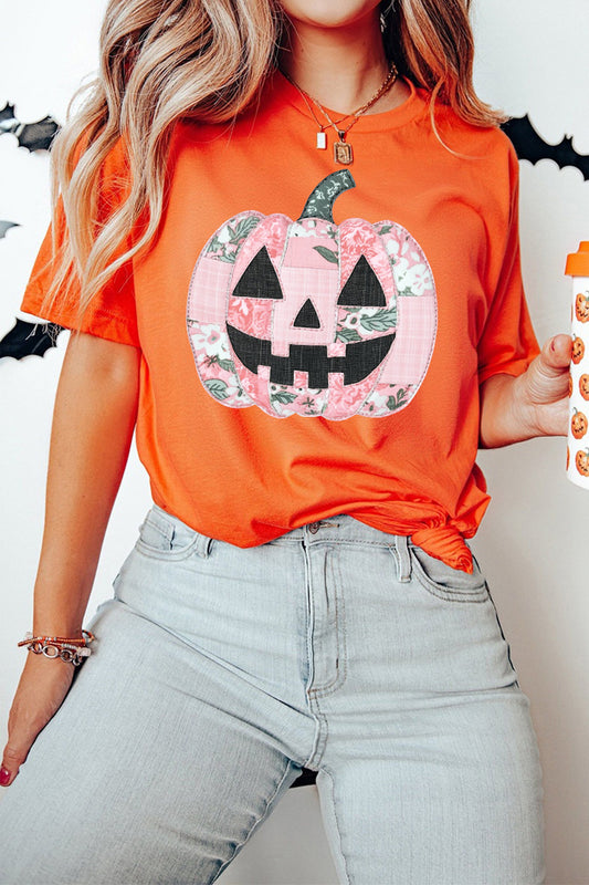 Floral Patchwork Pumpkin Graphic Halloween Tee