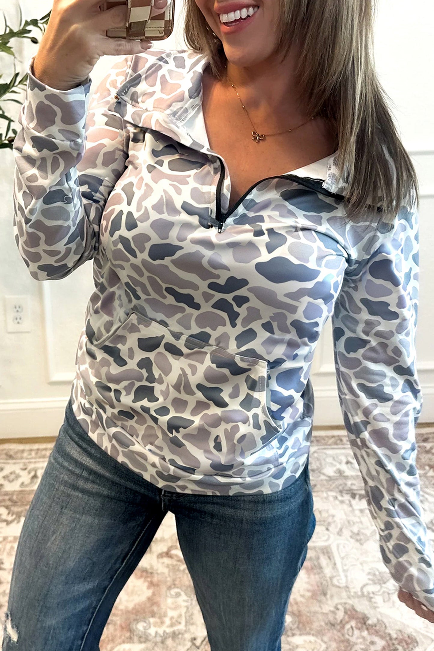 Camo Zip Collar Pullover Sweatshirt with Kangaroo Pocket
