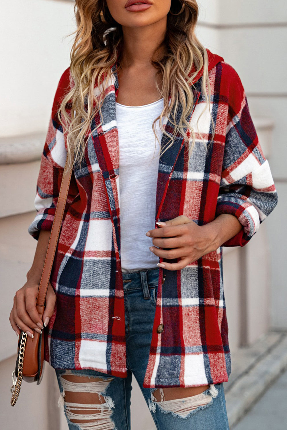 Green Hooded Plaid Button Front Shacket