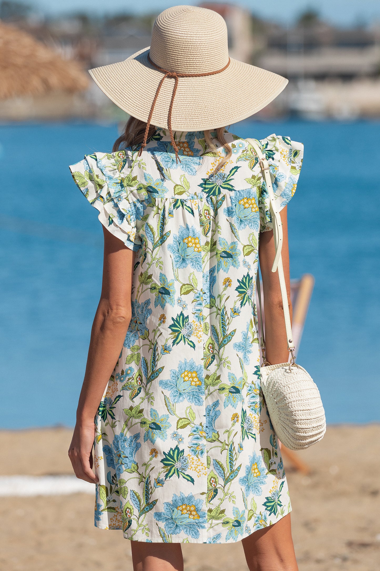 Boho Floral Ruffle Sleeve V Neck Shift Mini Dress