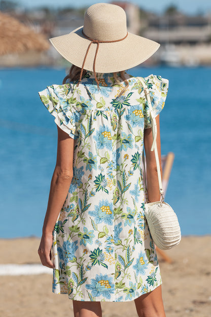 Boho Floral Ruffle Sleeve V Neck Shift Mini Dress