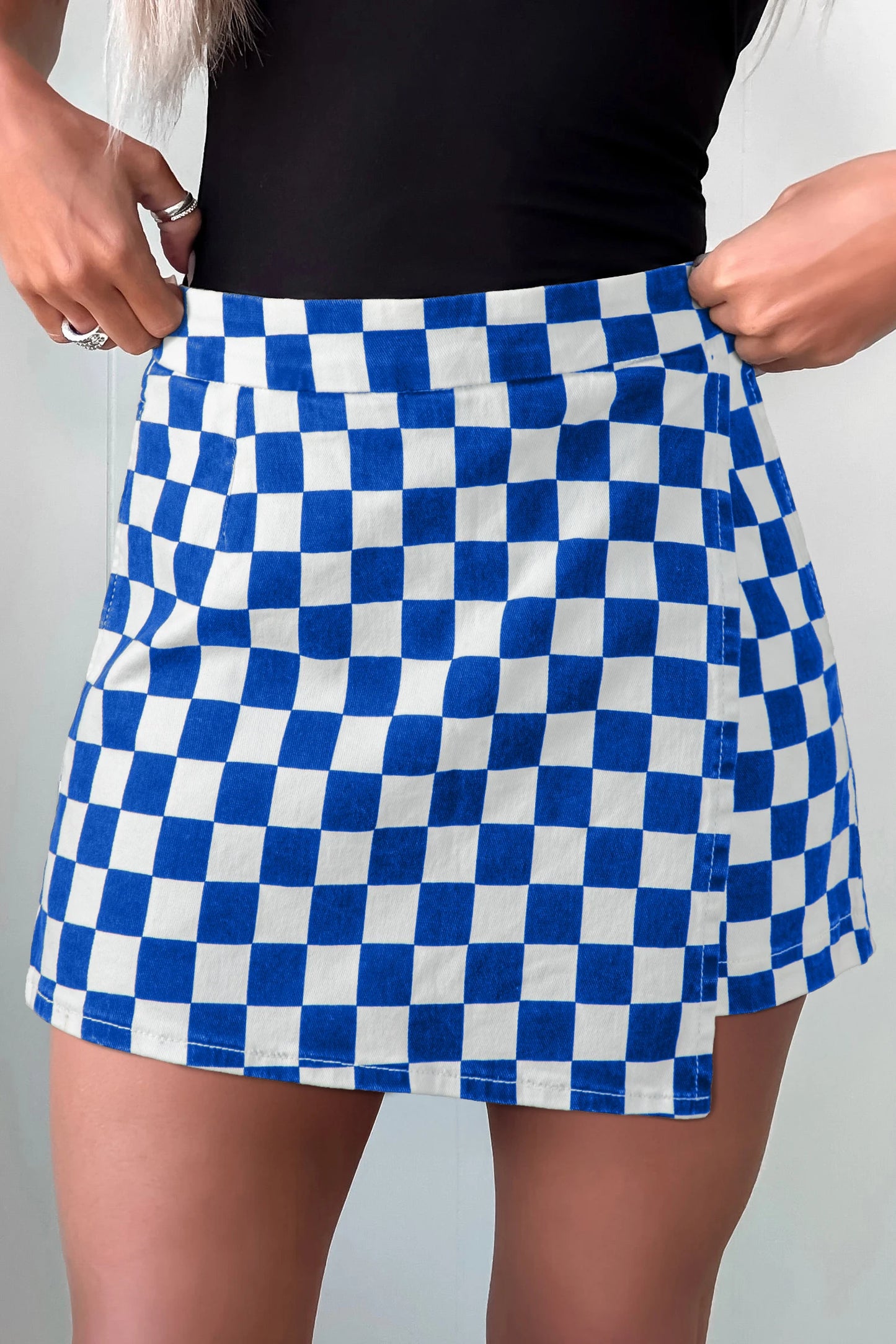 Checkered Print Overlap Denim Skort Mini Shorts