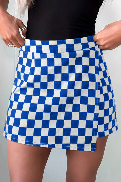 Checkered Print Overlap Denim Skort Mini Shorts