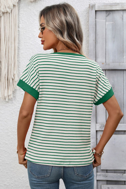 Striped Colorblock Short Sleeve Knit Tee for Women