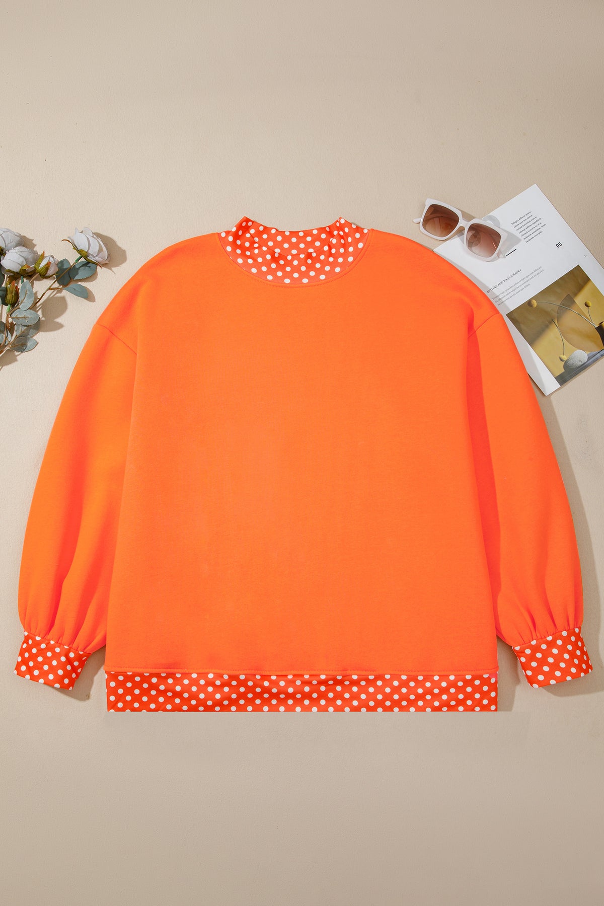 Polka Dot Trim Plus Size Crew Neck Tunic Sweatshirt