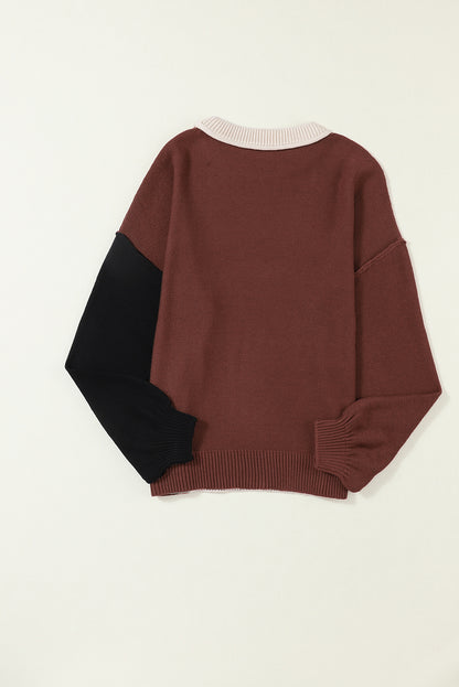 Colorblock Bishop Sleeve Ribbed Knit Sweater