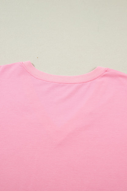 Pink V Neck Puff Sleeve Plus Size Blouse Top