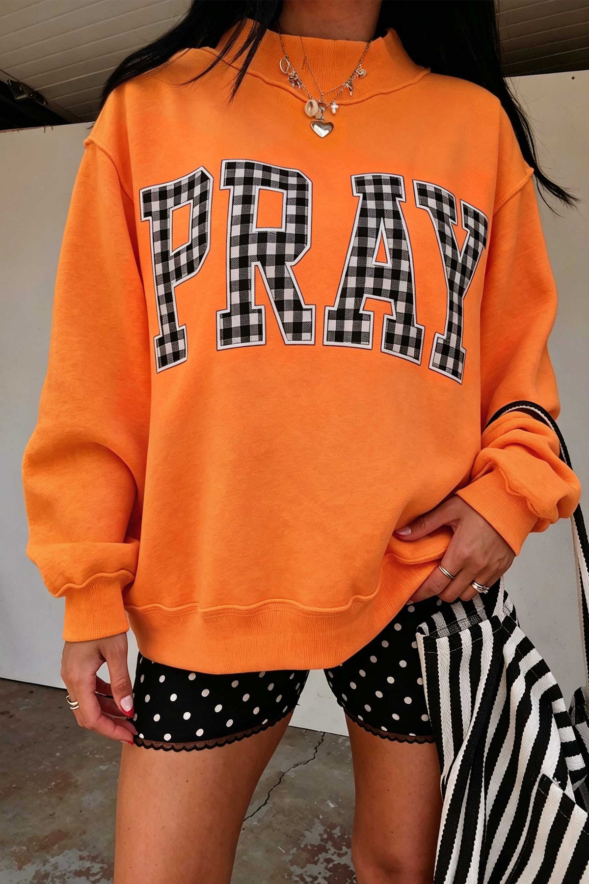 Gray PRAY Polka Dot Embroidered Mock Neck Sweatshirt