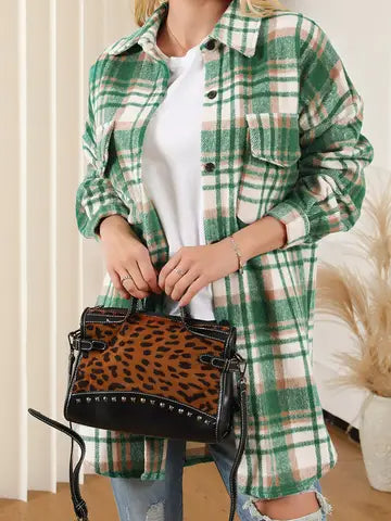 Plaid Long Sleeve Shacket with Flap Pockets