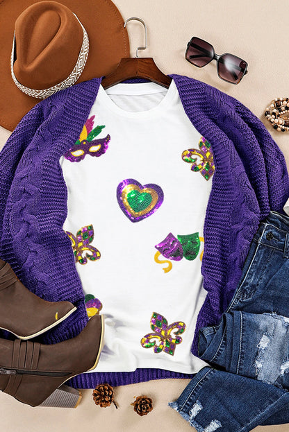 White Mardi Gras Sequin Symbol Graphic Crew Neck Tee